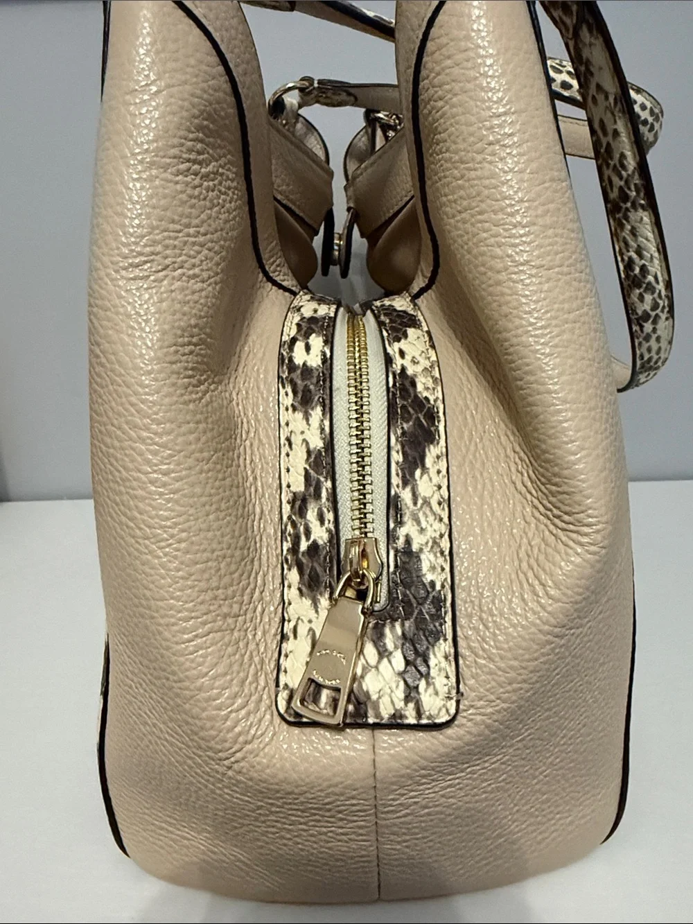 Coach Kristy Signature Beige Canvas Shoulder Bag with Snake-Print Trim